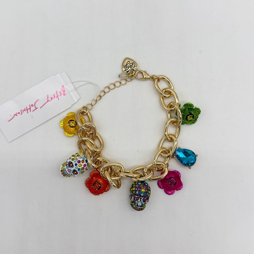 Betsey Johnson Flower Sugar Skull Charm Link Halloween Bracelet NEW